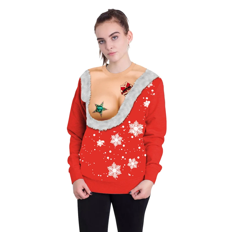 Рождественские костюмы, косплей spoofs с голой грудью реалистичный свитер с круглым вырезом женские вечерние Одежда для выступлений одежда унисекс