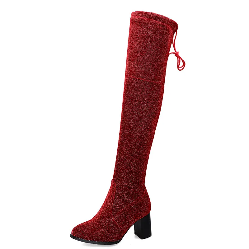 Sgesvier Size 34-43 Women Winter High Boots Warm Fur Women High Boots Silver Blue Strength Over the Knee Boots thick heel - Цвет: Красный