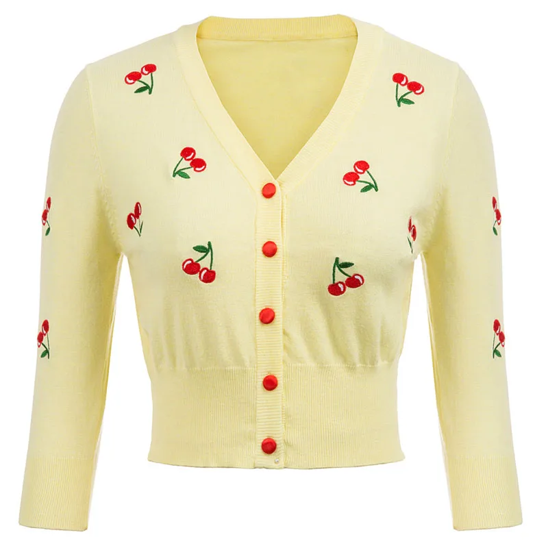 Yellow-heart Belle Poque Женский вязаный свитер с вышивкой, кардиган, верхняя одежда, укороченная куртка, пальто, топы размера плюс с v-образным вырезом - Цвет: Yellow-heart
