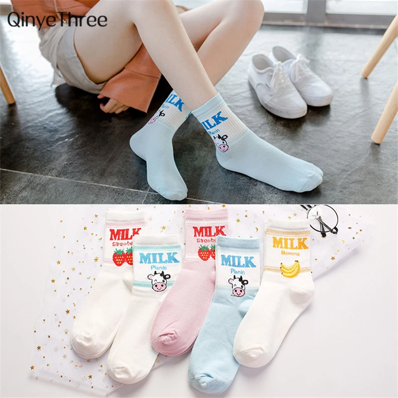 

New women ulzzang milk strawberry banana cow sokken girls autumn winter art fruit milk tube socks warm comfortable cotton sox