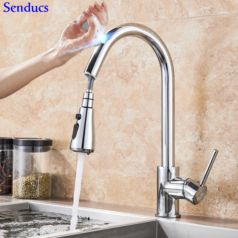 Touch Kitchen Faucet Senducs Pull Down Brushed Sensor Kitchen Mixer Tap Quality 304 Stainless Steel Touch Kitchen Sink Faucets - Color: 1270-B-chrome-touch