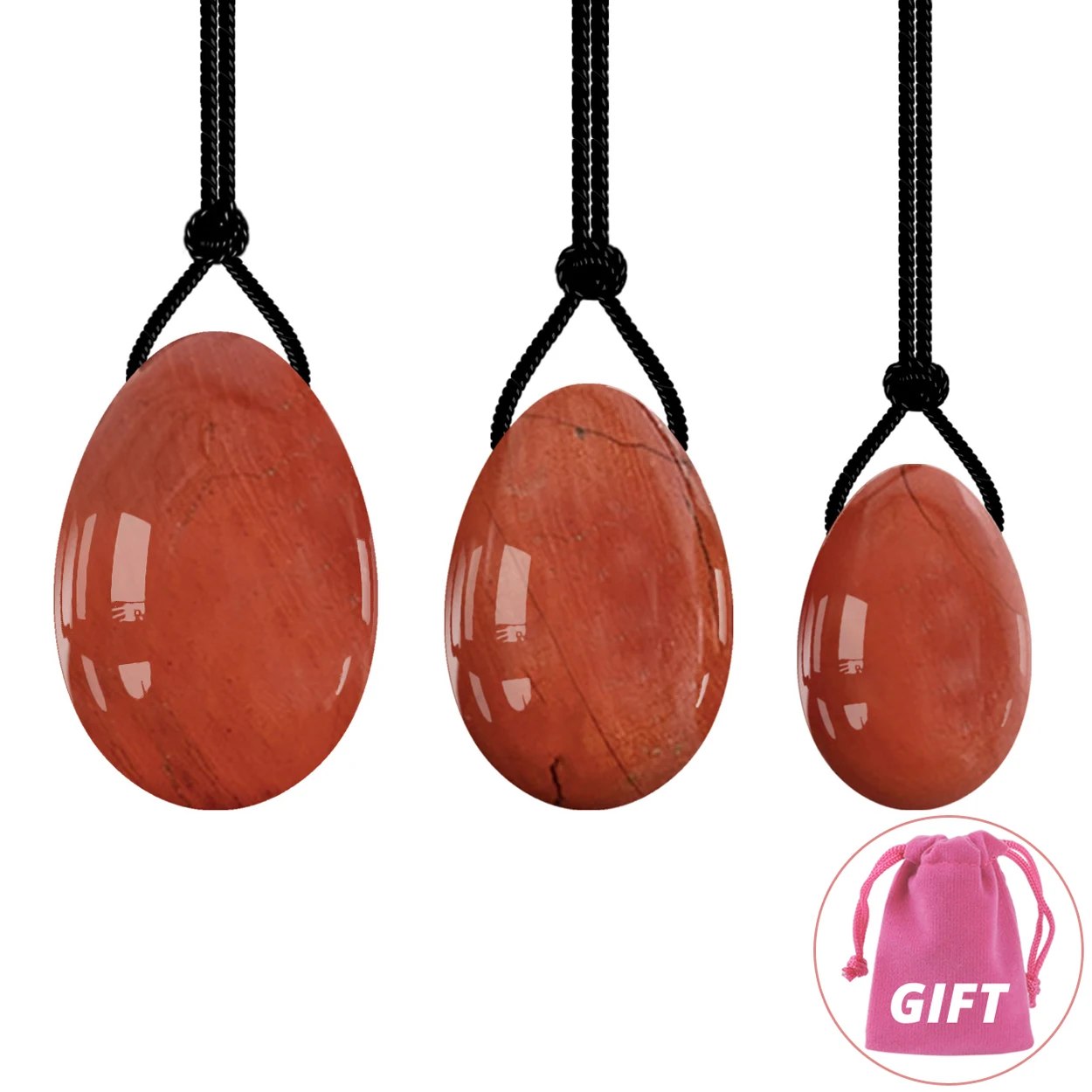 Undrilled Yoni Eggs 3 Sizes Red Jasper Massage Ball Pre Drilled with Unwaxed String for Women to Strengthen Pelvic Floor Muscles