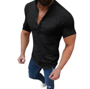 

Hot 2020 Men's Casual Blouse Cotton Linen Shirt Loose Tops Short Sleeve Tee Shirt