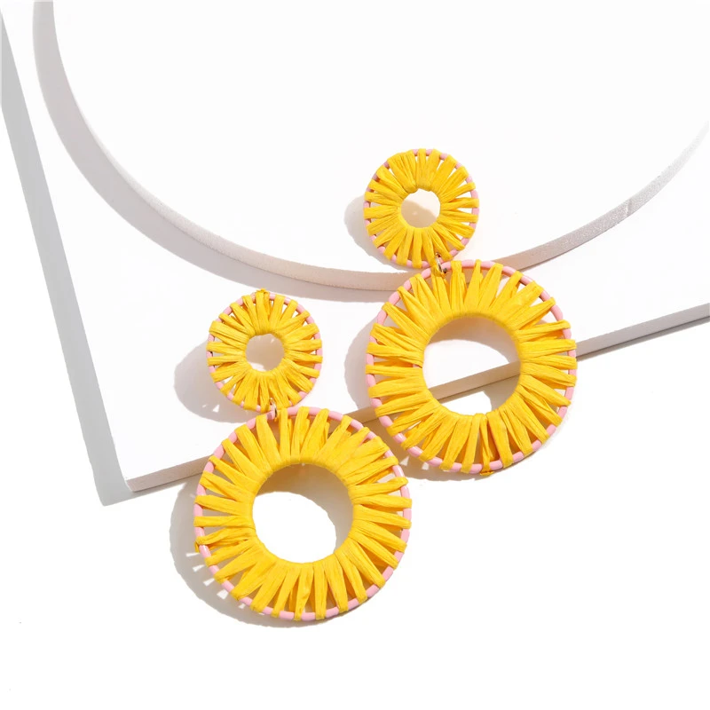 

CWEEL Weave Lafite Earrings for Women Round Candy Cute Drop Earings Hanging Handmade Colorful Dangle Charm Large Earring