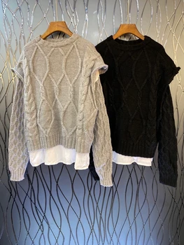 

Autumn / winter 2020 new women's round neck thick thread knitting color contrast trimming long sleeve versatile sweater 928