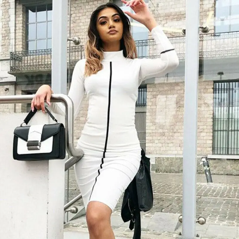 

Goocheer Striped Print Sexy Women Bandage Dress Long Sleeve High Neck Female Slim Hip Bodycon Dress Club Wear Pencil Midi Dress