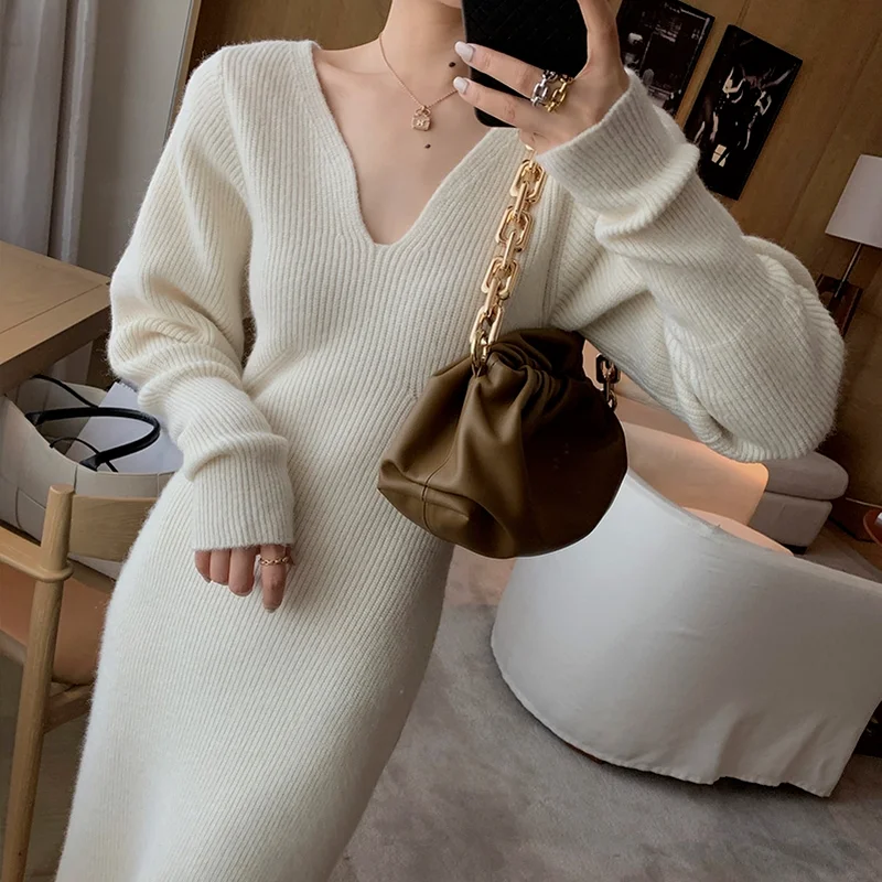 Elegant Long White Knitting Dress Women Winter V-Neck Long Sleeve