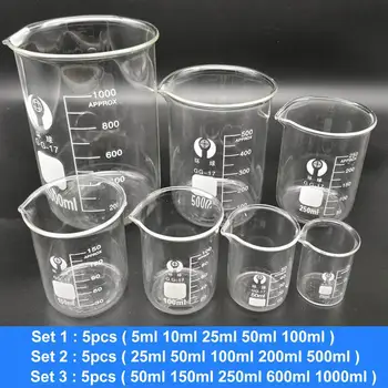 

5Pcs/ Set Capacity 5ml-1000ml Low Form Beaker Chemistry Laboratory Borosilicate Glass Transparent Beaker flask Thickened