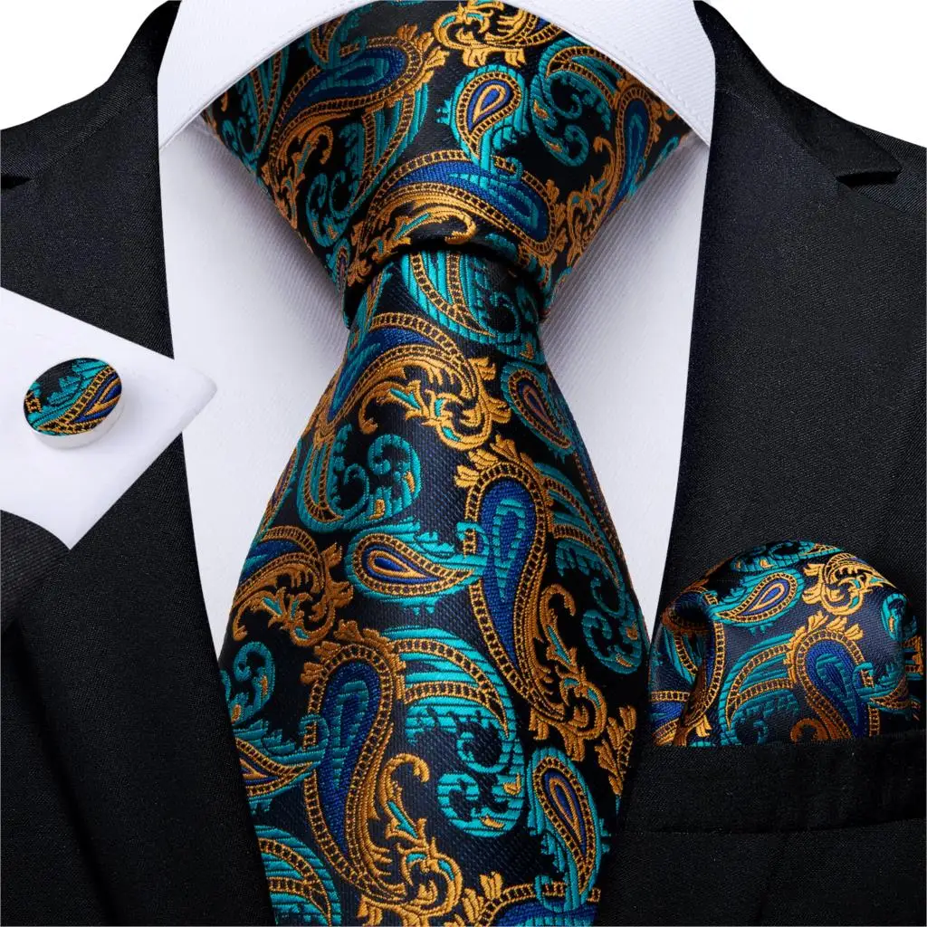 Мужской Галстук бирюзовый, зеленый, желтый, синий, с узором пейсли, качественный Шелковый Свадебный галстук для мужчин, запонки, Бизнес Подарочный галстук, набор, дизайнерский - Цвет: SJT-7308