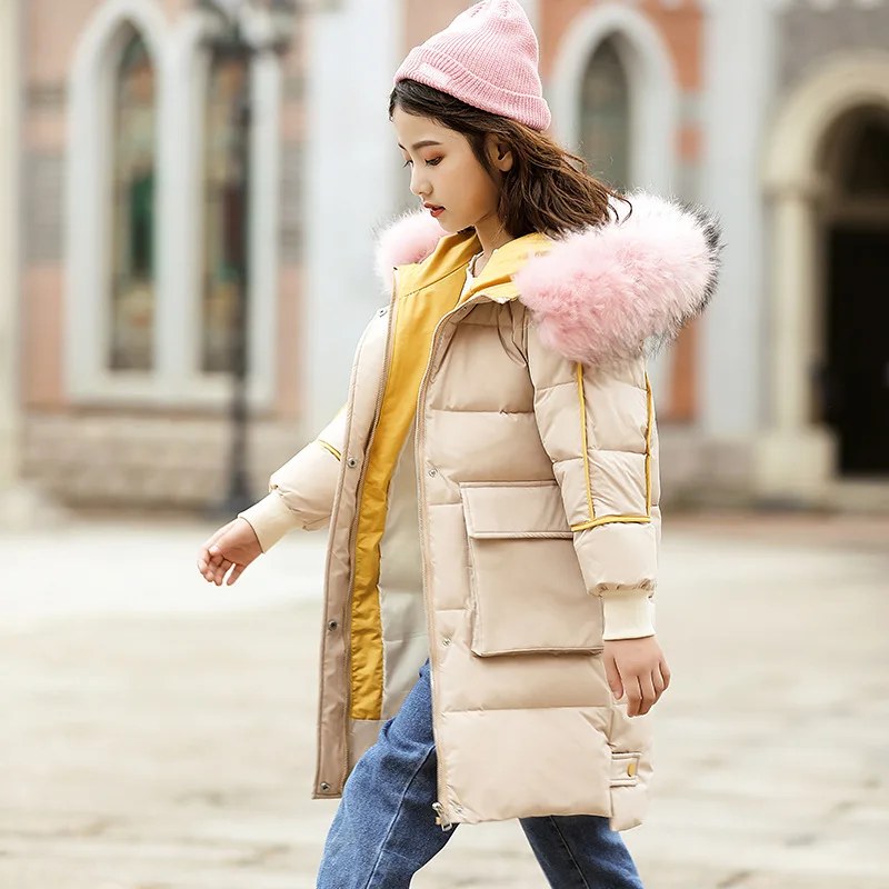 30; рассчитанная на русскую зиму для девочек, удлиненная куртка-пуховик Детские зимние штаны из натурального меха, Куртка с воротником, Детская футболка в Корейском стиле, плотное длинное пальто - Цвет: Бежевый