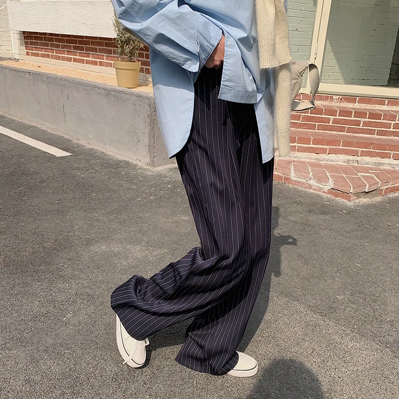 high waisted jeans HziriP 2021 Spring Summer New Stripe Loose Thin All Match Straight Leisure Trousers OL Lady High Waist Casual Wide Leg Pants capri trousers