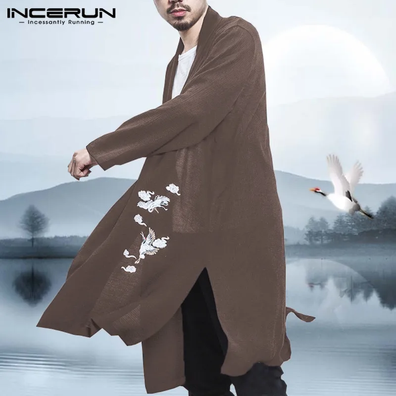 INCERUN, китайский стиль, с вышивкой Журавля, ветровка, мужская, повседневная, Харадзюку, кимоно, длинные пальто, уличная одежда для мужчин, s Hanfu, Тренч, куртки