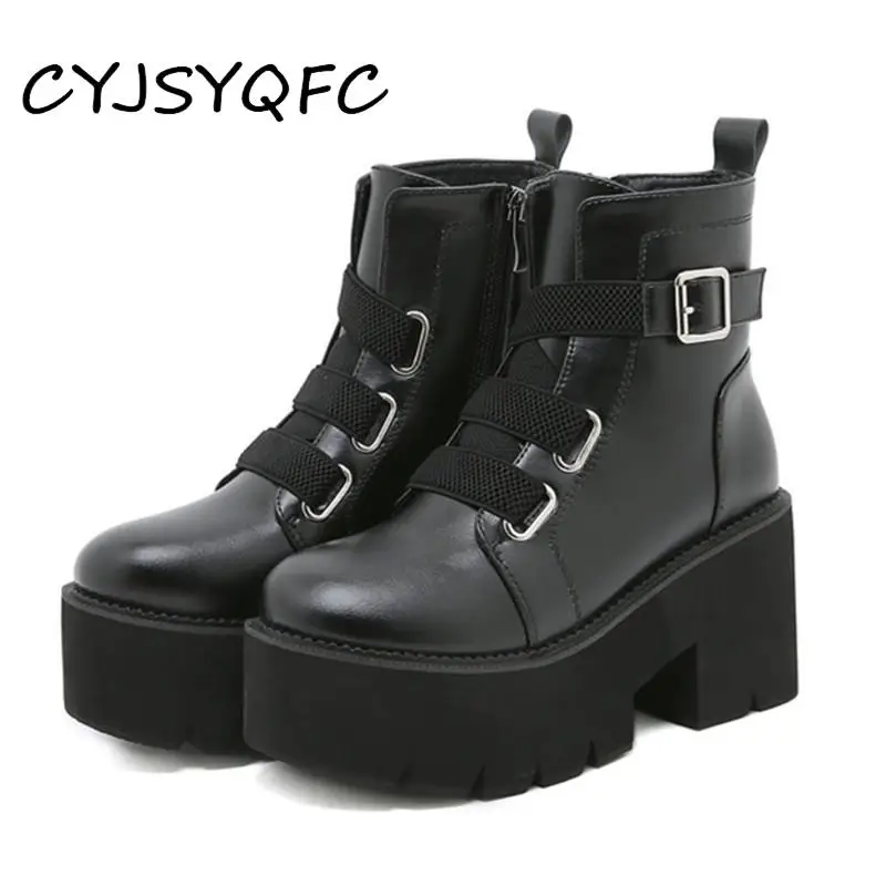 

CYJSYQFC Autumn Winter Chunky Platform Women Ankle Boots Round Toe Thick Bottom High Heels Woman Shoes Gothic Buckle Strap Boots