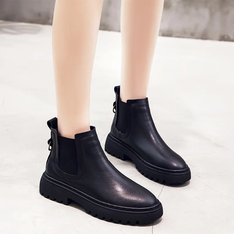 

New Leather Women Boots Fashion Flock Motorcycle Boots Increase Warm Non-slip Thick Bottom Wild Solid Color Winter Boots Women