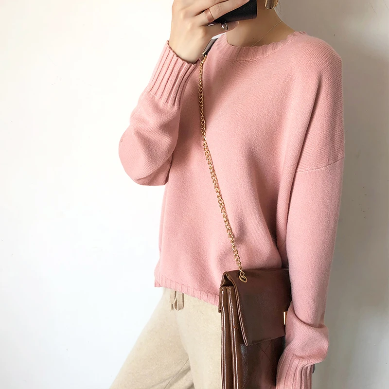 

LHZSYY 2019 Autumn New Women's Knitted Round Neck Sweater Wild Long-Sleeved Solid Color Large Size Pullover Warm Bottoming shirt