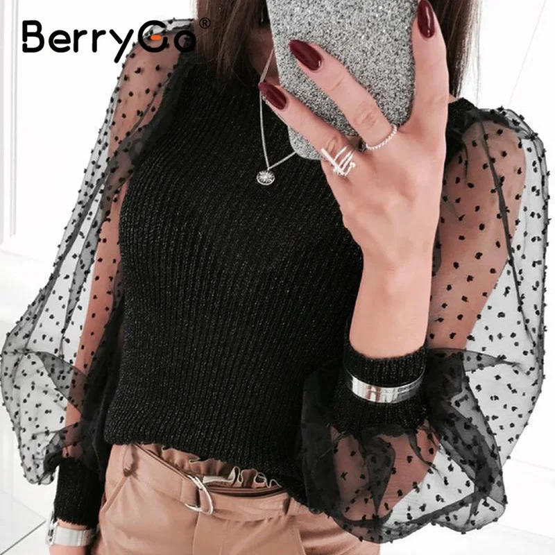 BerryGo модная сетчатая блузка с длинным рукавом рубашка Лоскутная весенняя в