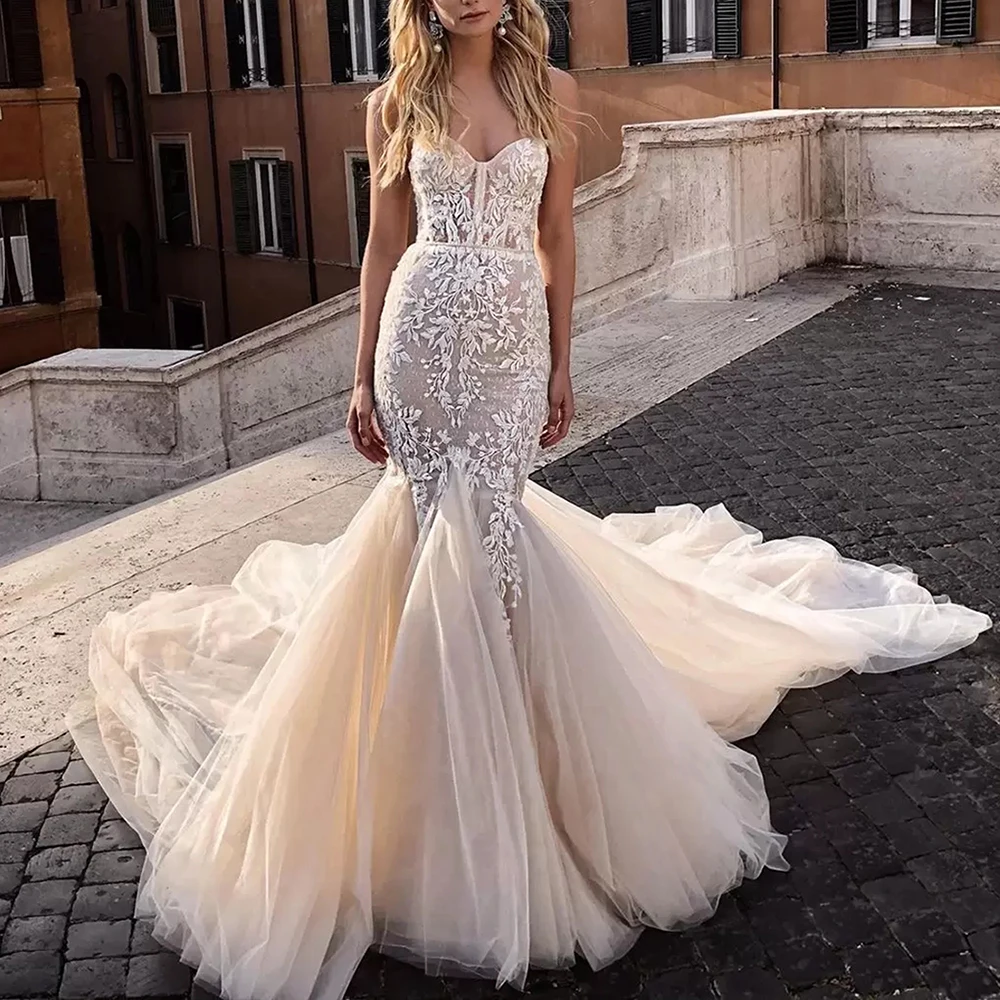 dresses for wedding Champagnes Mermaid Wedding Dress Illusion Lace Appliques Women Marriage Strapless Bridal Gown Custom Made Robe De Mariee 2022 pink wedding dress