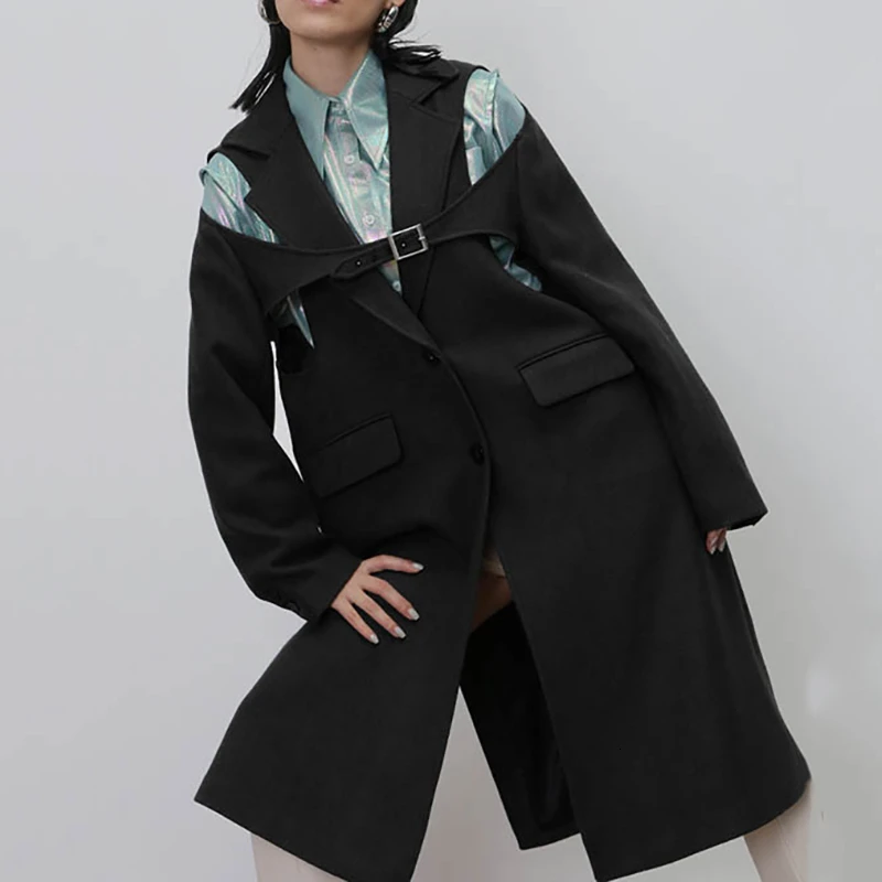 New Fashion Winter Thick Warm Lapel Hollow Out Long Sleeve Single Breasted Pockets Long Overcoat Loose Coat Women Q411