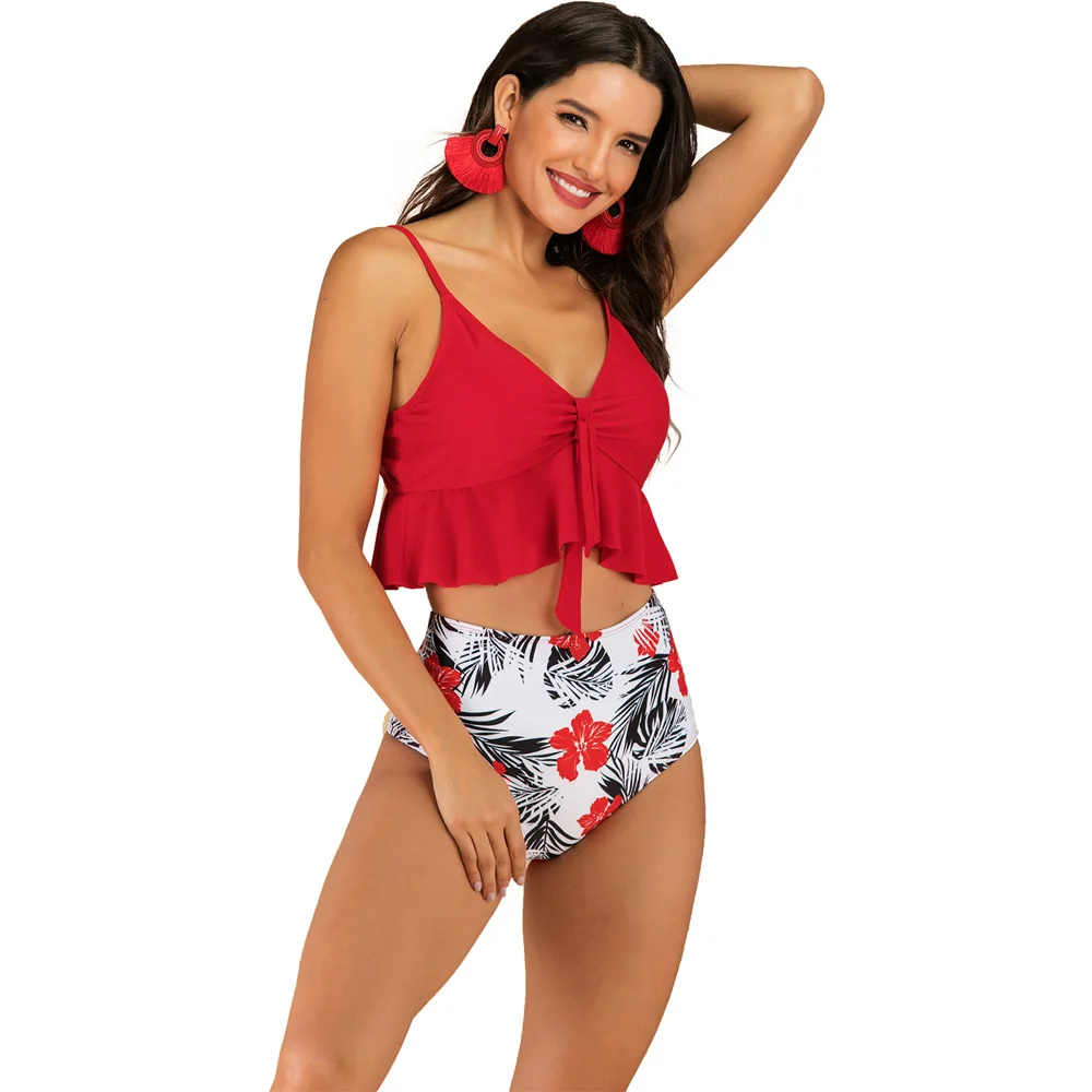 

Womens Leaf Swimsuit Bikini Separated Swimwear Tops+High Waist Briefs 2pcs Set