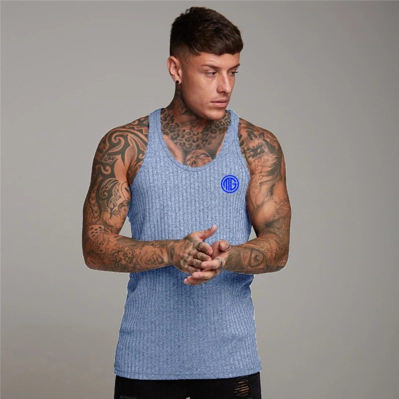 

New Men's Causal O Neck Sleeveless T Shirt Fitness Slim Fit Sports Strips Tank Top Fashion Singlets Summer Knitted Gym Clothing