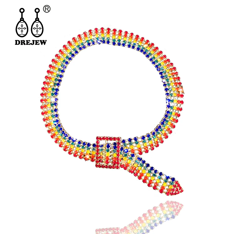 

DREJEW Fashion Rainbow Gold Silver Belt Rhinestone Custom Statement Choker Necklaces Long Chain Necklaces for Women Jewelry N382