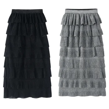 

Women High Waist Skirt Classic Multi-layer Bright Silk Cake Skirt Solid Color Long Skirt Fashion