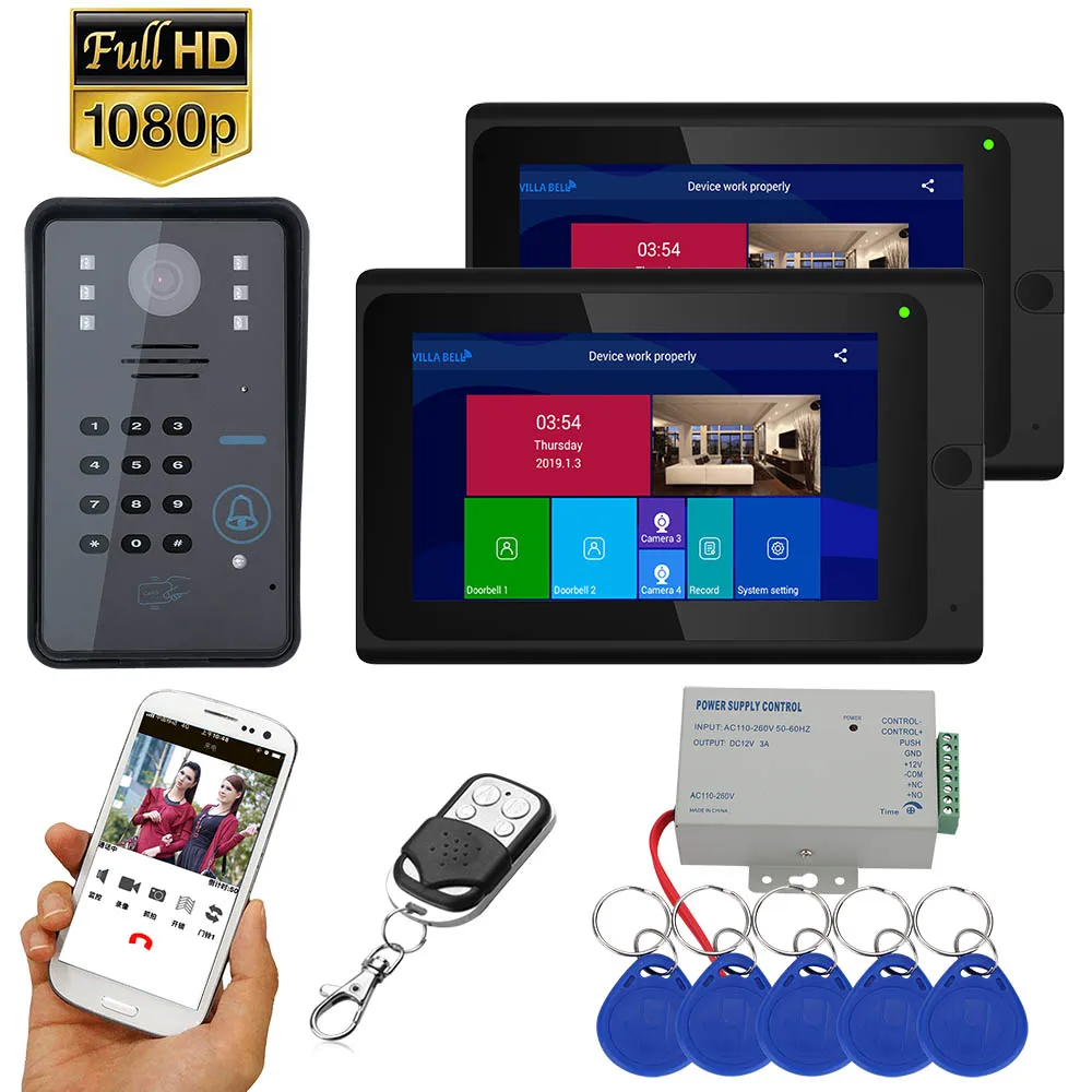 Best 7inch 2 Monitors Wireless Wifi RFID Password Video Door Phone Doorbell Intercom Entry System with Wired IR CUT 1080P Wired Camer