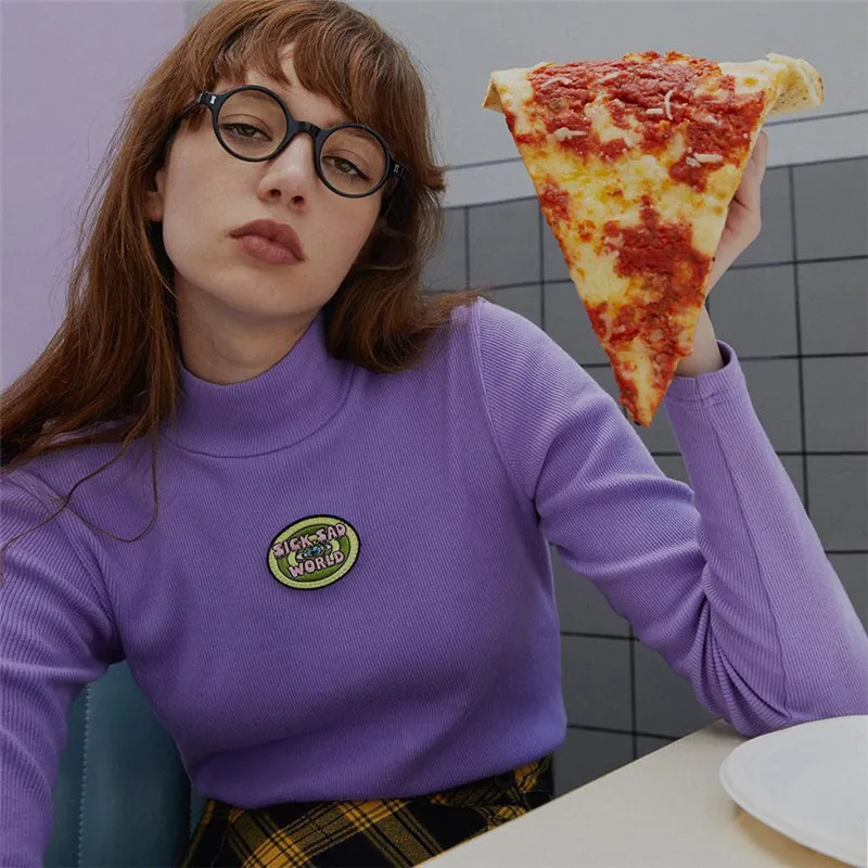 

Thermal Short Top Turtleneck Long Sleeve Shirt Thick Fabric Great Quality Letter Tees Elegant Sweatshirts Women Pullover Purple