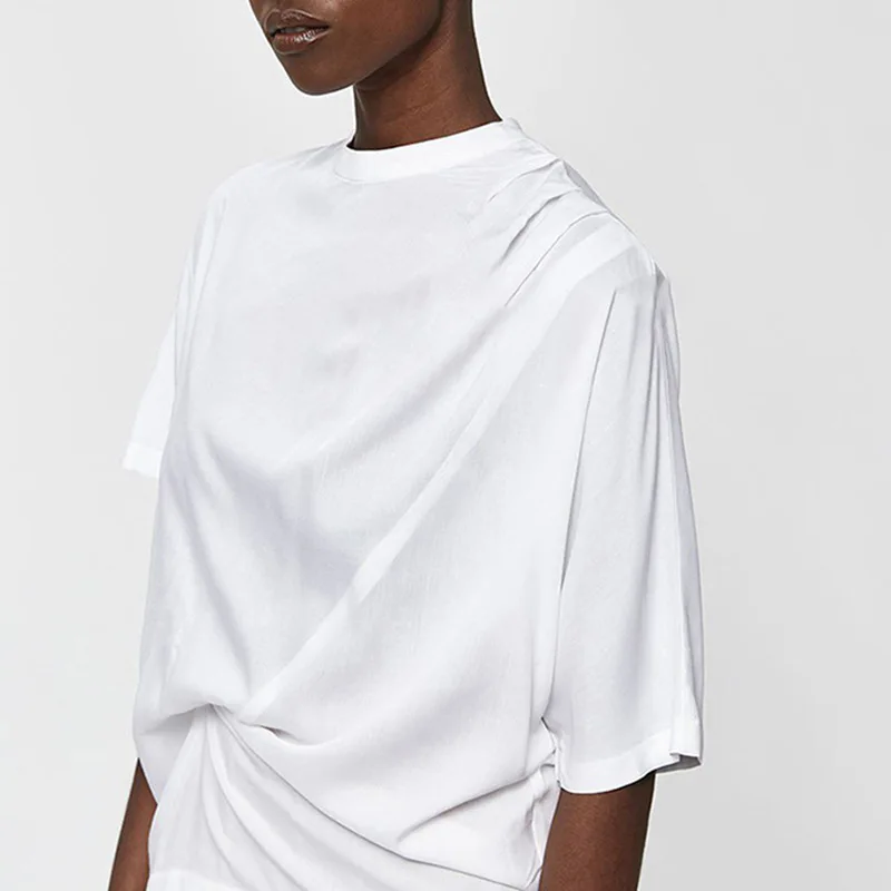 

Ozhouzhan 2020 New Style Simple Non-symmetrical Pleated Design Loose-Fit Versatile Solid Color Short Sleeve T-shirt Tops Women's