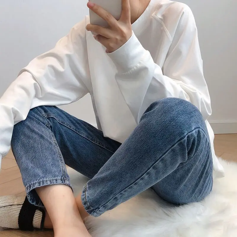 Simple blue jeans women fashion straight pants casual student OL office lady clothing holiday work wear