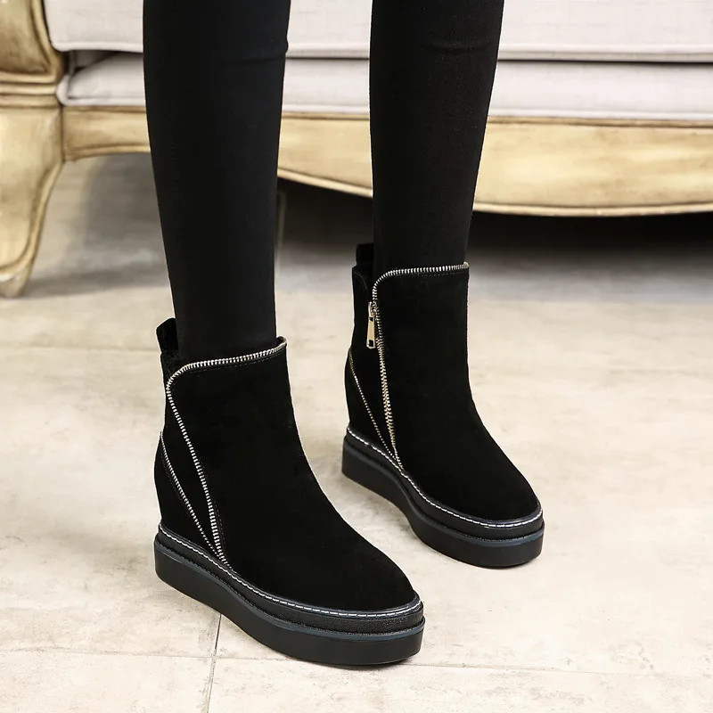 Thick-soled Inner Heightening Short Boots, Side Zipper and Velvet Warm Cotton Shoes, Fashion Ladies Snow Cotton Short Boots