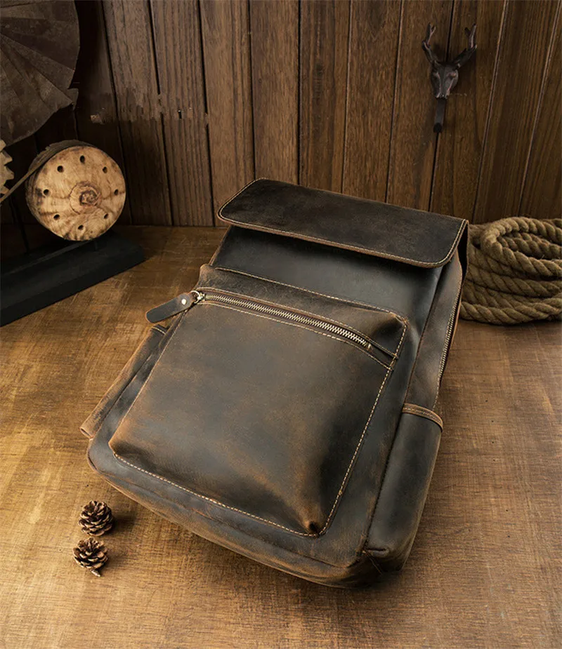PNDME retro high quality genuine leather men backpack crazy horse leather bookbag simple outdoor casual designer laptop bagpack