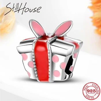 

925 Sterling Silver Pink Enamel Cute Rabbit ear gift box Charms for Bracelet Making Beads fits Original Women Bracelets Jewelry
