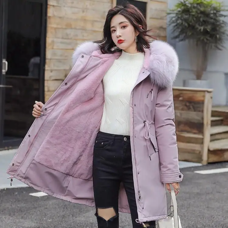 Women Korean Style Solid Coat Jacket Female Thicken Fur Collar Long ...