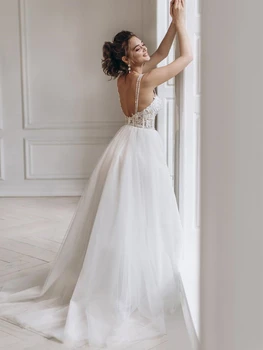 

Illusion Lace Top Tutu Wedding Dress Beading Spaghetti Straps Low Backless A Line Floor Length Vestidos De Noiva Bridal Gowns