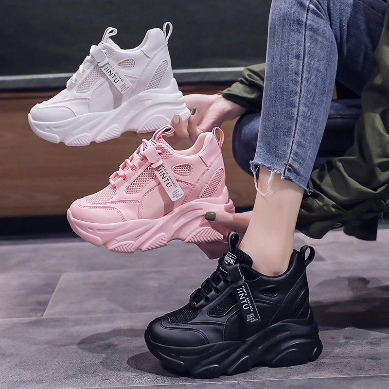 Brand 2022 Spring Breathable Mesh Sneakers Hidden Increasing Sport Shoes Woman Wedge Casual Chunky Shoes High Platform Shoes 9CM 6
