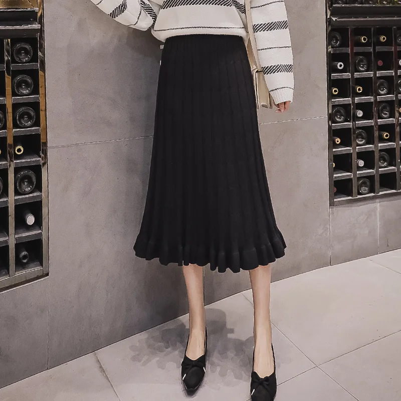 Новая осенняя и зимняя Корейская версия веера Sen Женская высокая талия эластичная талия длинная короткая трикотажная плиссированная юбка