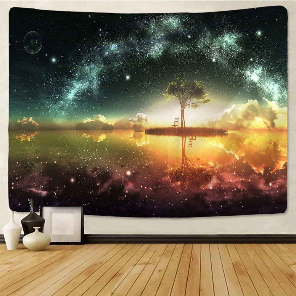 Psychedelic Setting Sun Starry Sky Decor Night Scenic Tapestry Big Tree