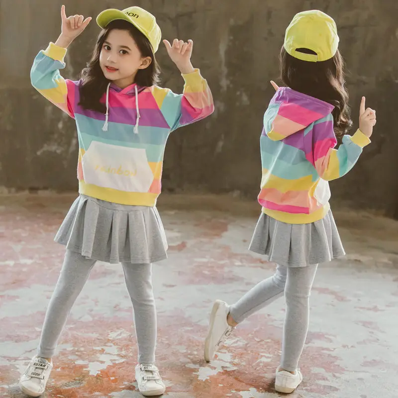 

Kids Rainbow Colored Clothing Set For Girls Rainbow Top Leggings Sweat Pants Set Baby Female Sweat Stripe Hoodies Sporting Suits