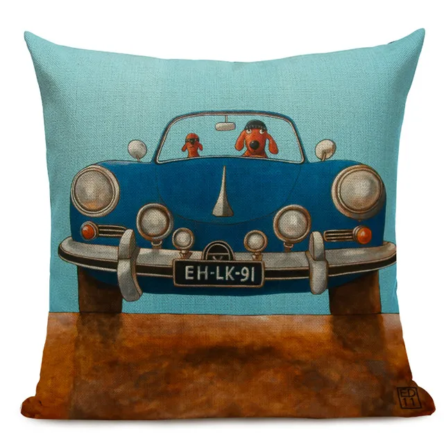 Hot Sale Pillow Lovely Cartoon Dog Cat Color Driving Car Vintage Almofadas 45X45CM Linen Pillow Decorative Linen Cushion Cover - Цвет: 5