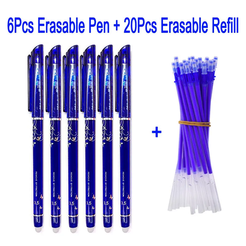 

DELVTCH 0.5mm 6+20Pcs/Set Erasable Gel Pen Erasable Pen Refill Rod Blue Black Erasable Ink Handle School Office Writing Tools