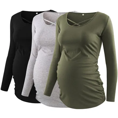 army gray black Комплект из 3 предметов, Женская туника для беременных, топы, одежда для мамы, красивая футболка с длинными рукавами и рюшами, с глубоким вырезом, для беременных - Цвет: army gray black