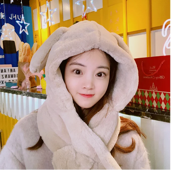 Autumn and winter leisure new cute headgear plush movable rabbit ears cap scarf multi-functional all-in-one hat J06