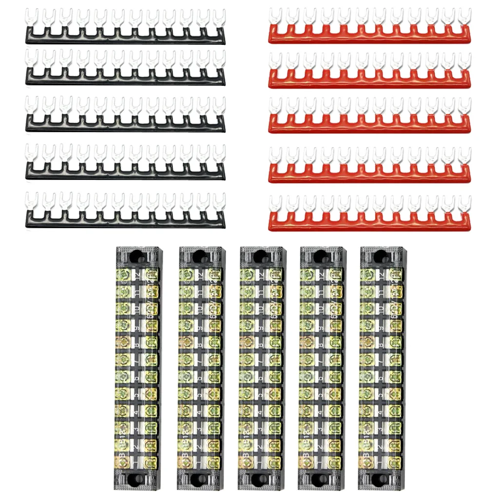 5 Sets 12 Positions Dual Row 600V 15A Screw Terminal Strip Blocks with Pre-Insulated Terminals Barrier Strip (Black & Red)