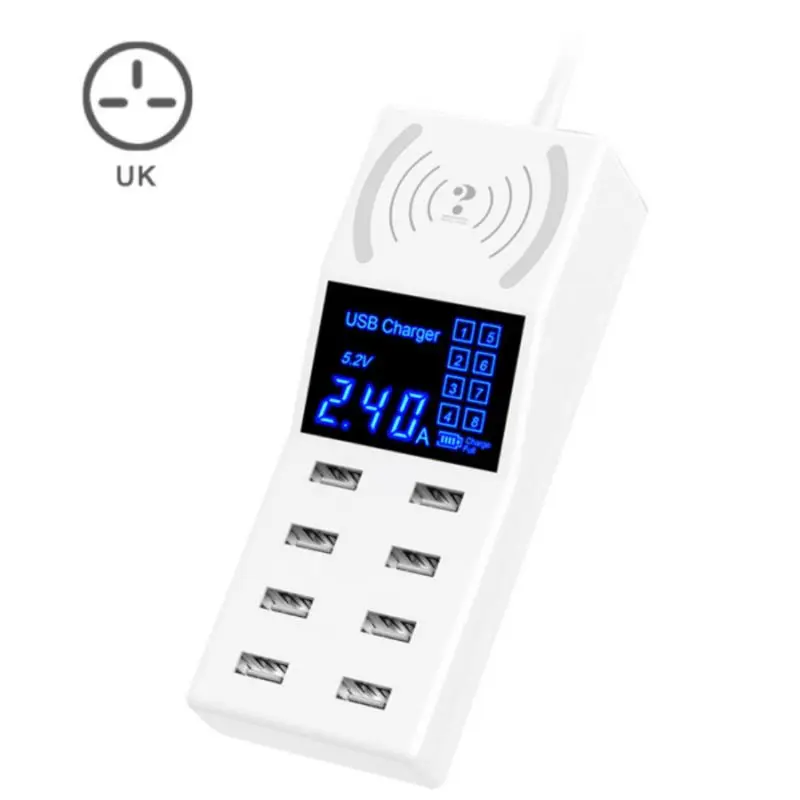 ЕС/Великобритания/США 8 портов 2.4A USB зарядное устройство с беспроводным зарядным устройством 10 Вт Беспроводное зарядное устройство Напряжение Ток дисплей монитор зарядная док-станция