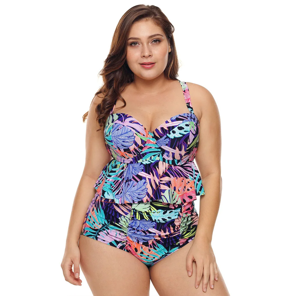 

Europe And America Bathing Suit Women's Sexy Camisole Printed Hot Springs Swimwear Fat Mm Large Size High-waisted Two-piece Swim