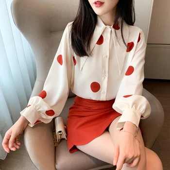 

COIGARSAM Fashion Polka Dot Shirt Womens tops New Spring Cute Chiffon Loose Turn-down Collar Women shirts Rice White 847