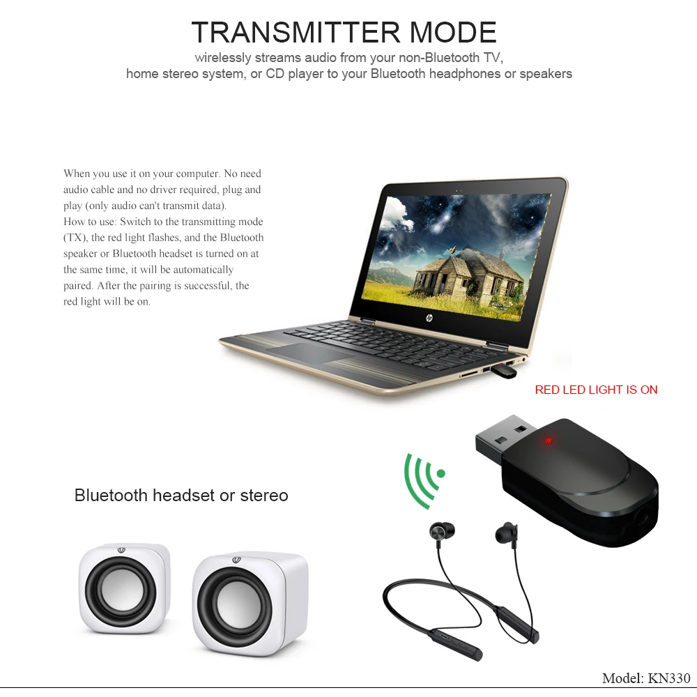 Plug and Play for PC, 3 IN 1 Bluetooth 5.0 Audio Receiver Transmitter Stereo USB 3.5MM Jack AUX Wireless Adapter For TV Car MP3