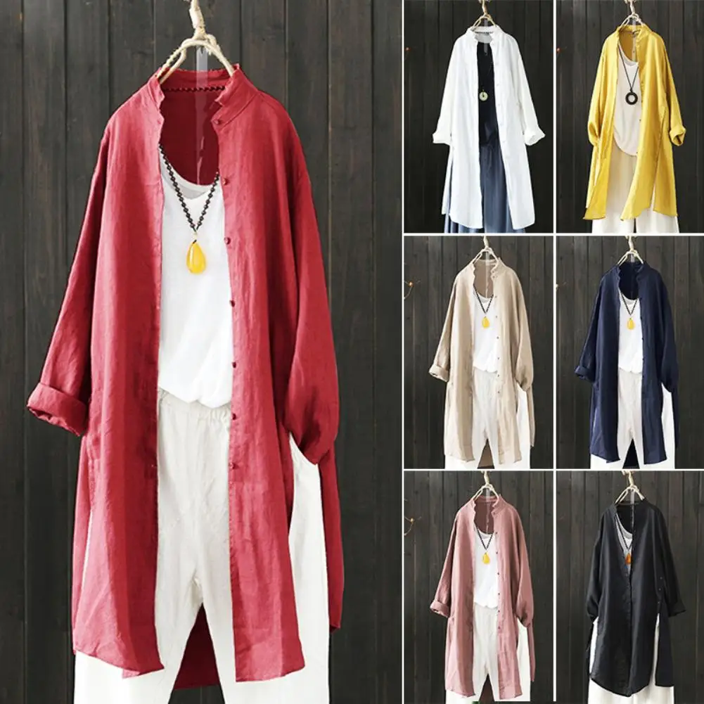 Women's Oversize Solid Color Cotton & Linen Long Sleeves Mid-Long Blouse Spring Autumn Long Tunic plus size Casual Loose shirt