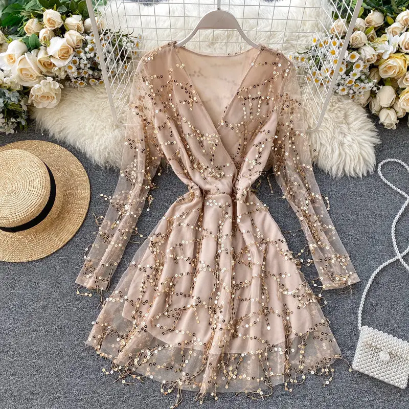 LUOSHA женское платье с V-образным вырезом и блестками длинным рукавом кисточками